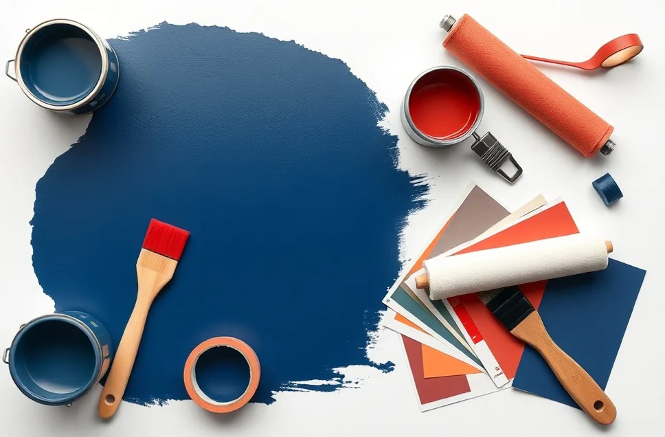 Pots de peinture, nuancier, brosses et rouleaux disposés à plat