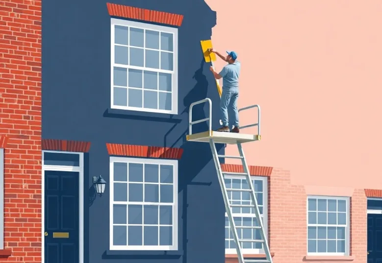 Peintre sur échafaudage traitant la façade d'une maison